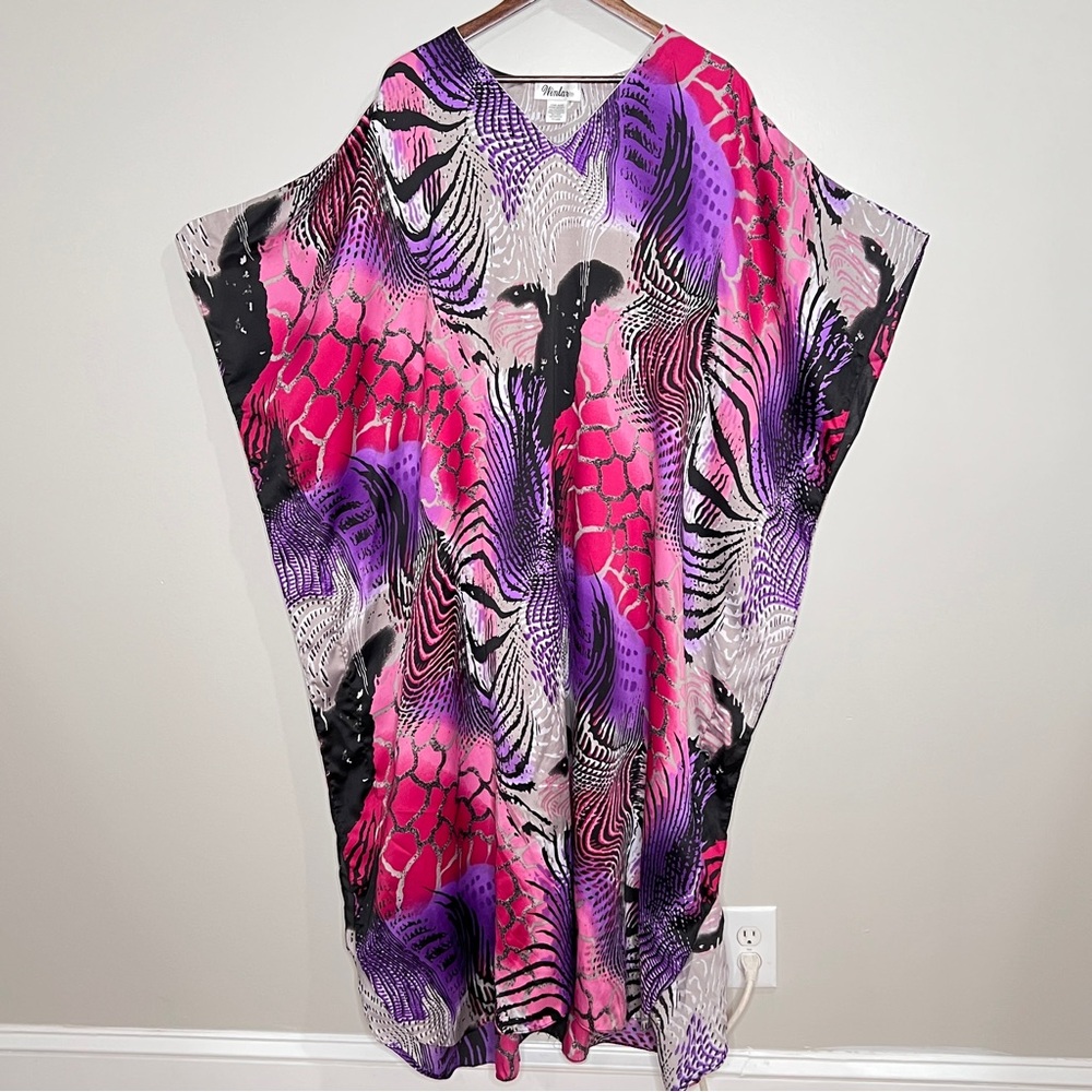 Winlar Purple Pink Animal Print V-Neck Kaftan Muu Muu Maxi Dress Womens One Size - Picture 2 of 13